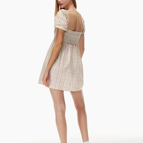 Aritzia Sunday Best Sun Deh Hadley Babydoll Poplin Mini Dress Plaid Lola Lime XS - Picture 3 of 8